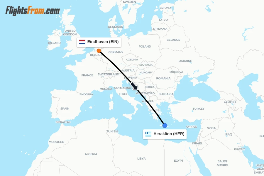 Flights from Eindhoven to Heraklion route map