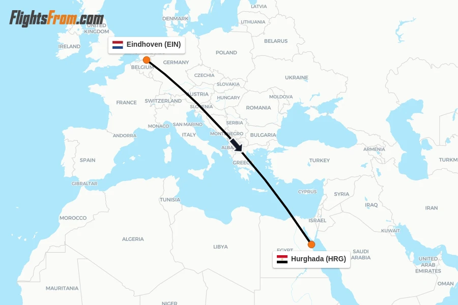 Flights from Eindhoven to Hurghada route map