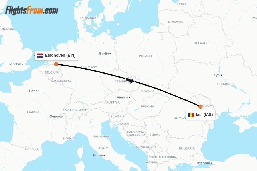 Flights from Eindhoven to Iasi route map