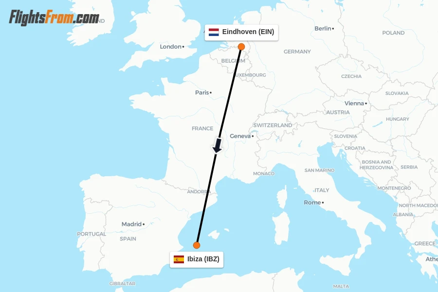 Flights from Eindhoven to Ibiza route map