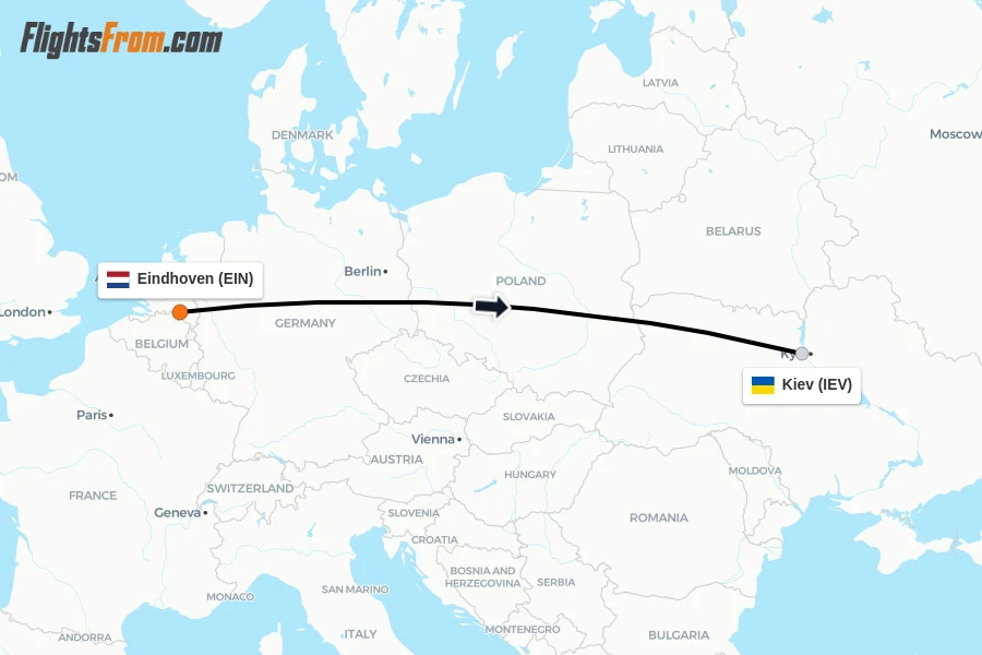 Flights from Eindhoven to Kiev route map