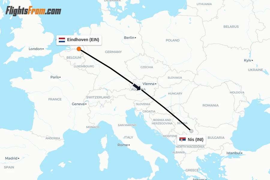 Flights from Eindhoven to Nis route map