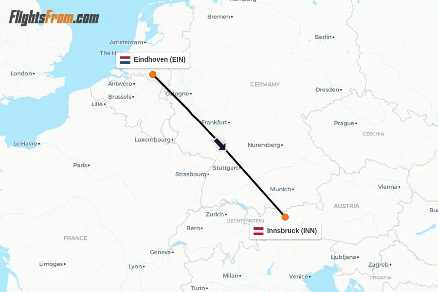 Flights from Eindhoven to Innsbruck route map