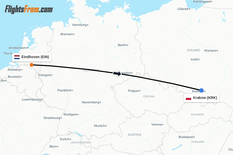 Flights from Eindhoven to Krakow route map