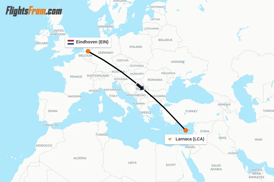 Flights from Eindhoven to Larnaca route map