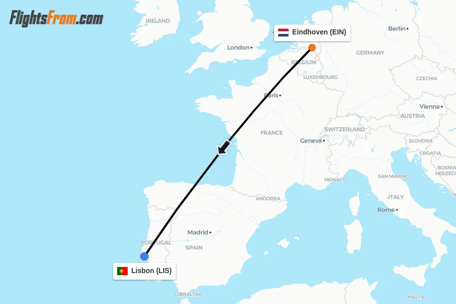 Flights from Eindhoven to Lisbon route map
