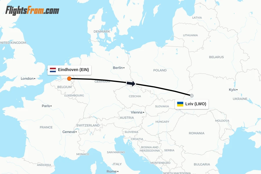 Flights from Eindhoven to Lviv route map