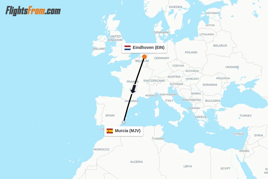 Flights from Eindhoven to Murcia route map