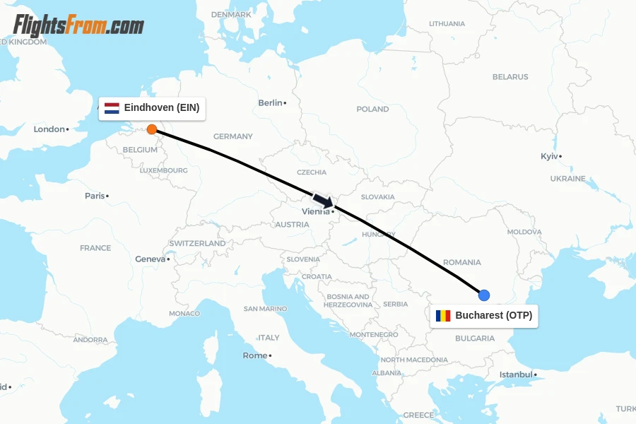 Flights from Eindhoven to Bucharest route map