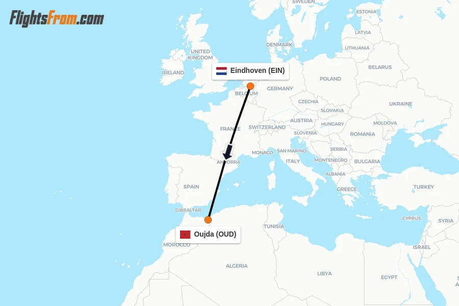 Flights from Eindhoven to Oujda route map