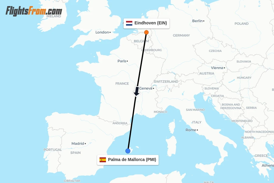 Flights from Eindhoven to Palma de Mallorca route map