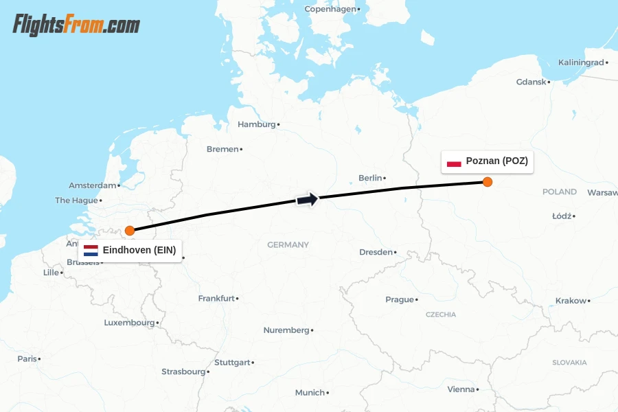 Flights from Eindhoven to Poznan route map