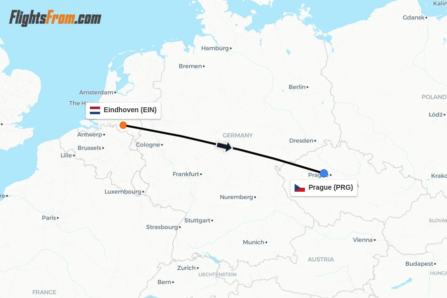 Flights from Eindhoven to Prague route map