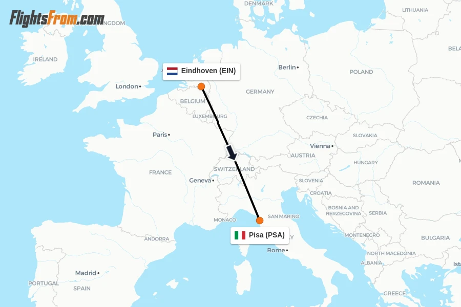 Flights from Eindhoven to Pisa route map