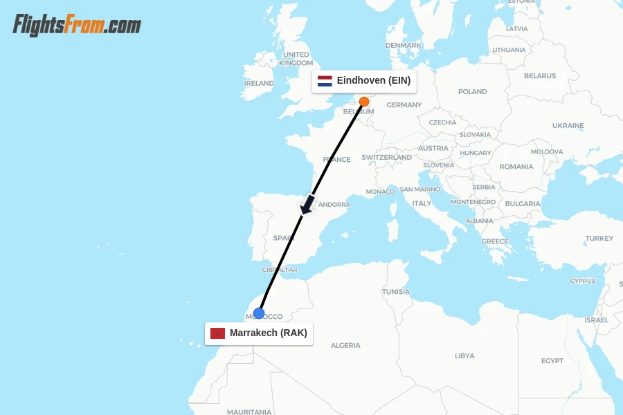 Flights from Eindhoven to Marrakech route map