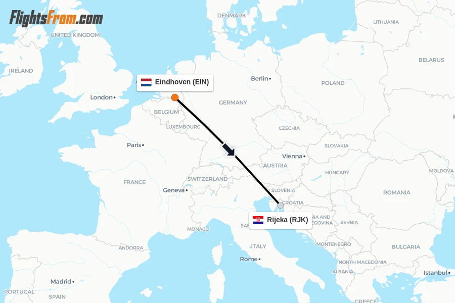 Flights from Eindhoven to Rijeka route map