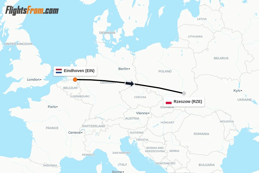 Flights from Eindhoven to Rzeszow route map