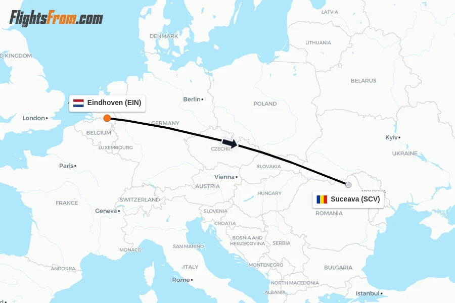 Flights from Eindhoven to Suceava route map