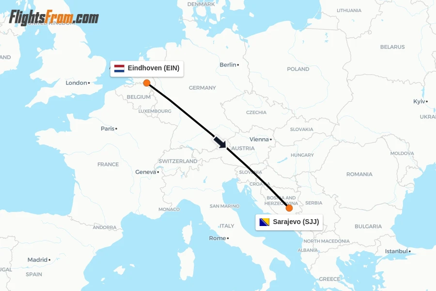 Flights from Eindhoven to Sarajevo route map