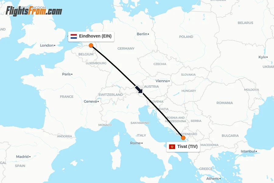 Flights from Eindhoven to Tivat route map