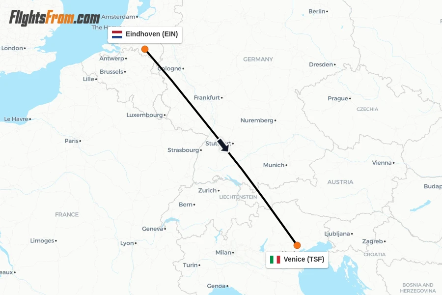 Flights from Eindhoven to Venice route map