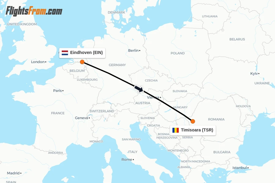 Flights from Eindhoven to Timisoara route map