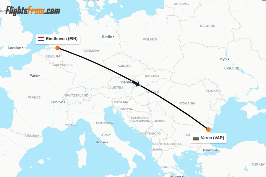 Flights from Eindhoven to Varna route map