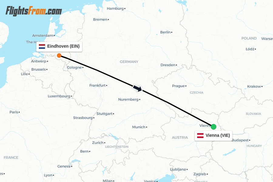 Flights from Eindhoven to Vienna route map