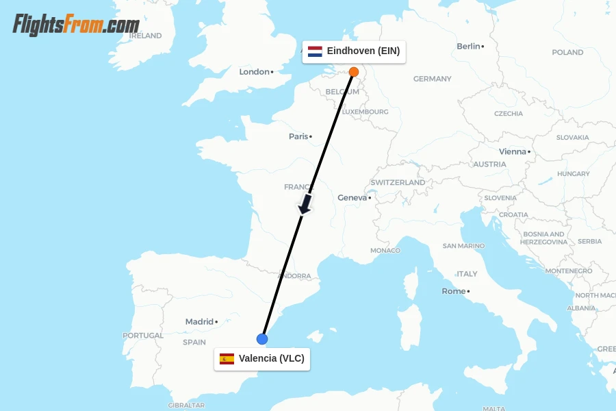 Flights from Eindhoven to Valencia route map