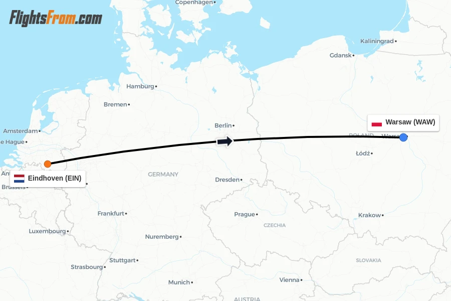 Flights from Eindhoven to Warsaw route map