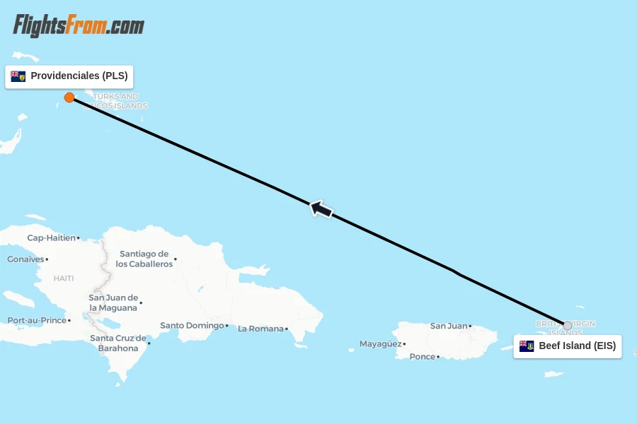 Flights from Beef Island to Providenciales route map