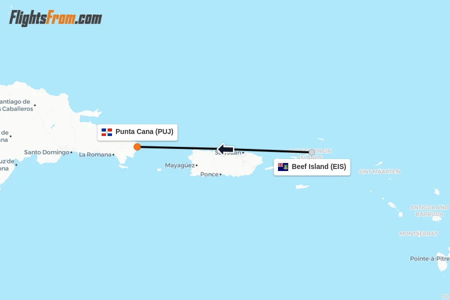 Flights from Beef Island to Punta Cana route map