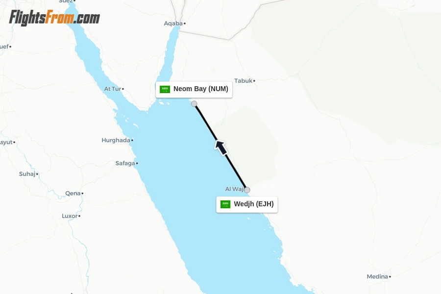 Flights from Wedjh to Neom Bay route map