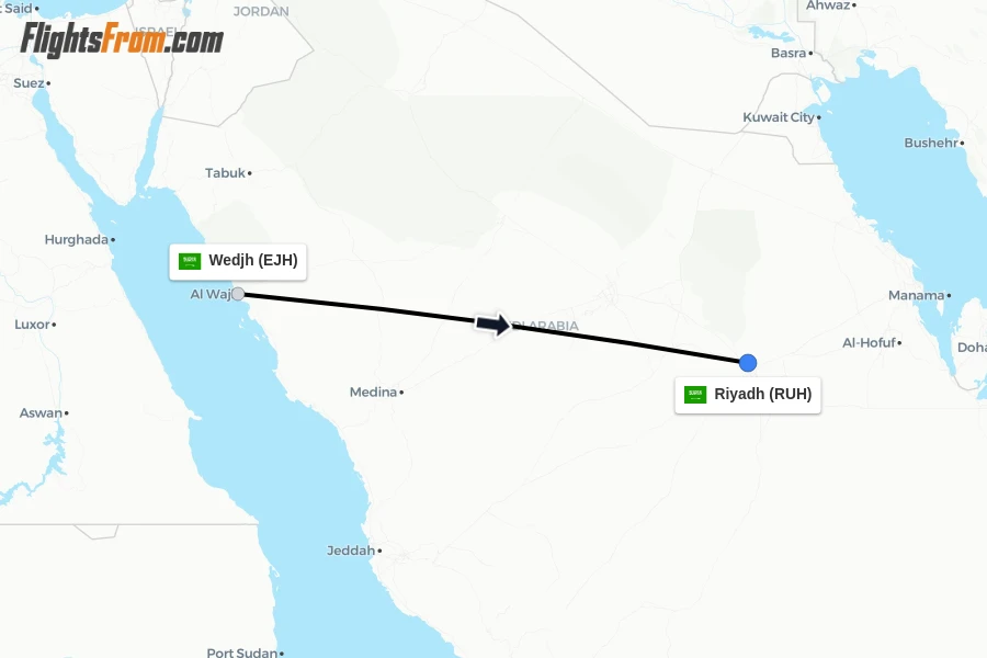 Flights from Wedjh to Riyadh route map