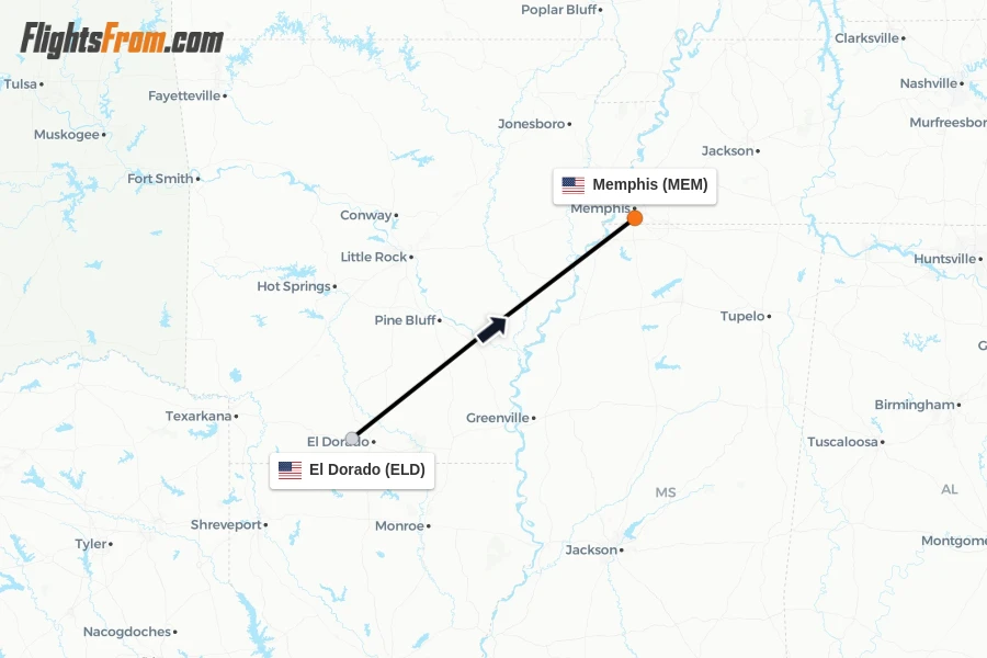 Flights from El Dorado to Memphis route map