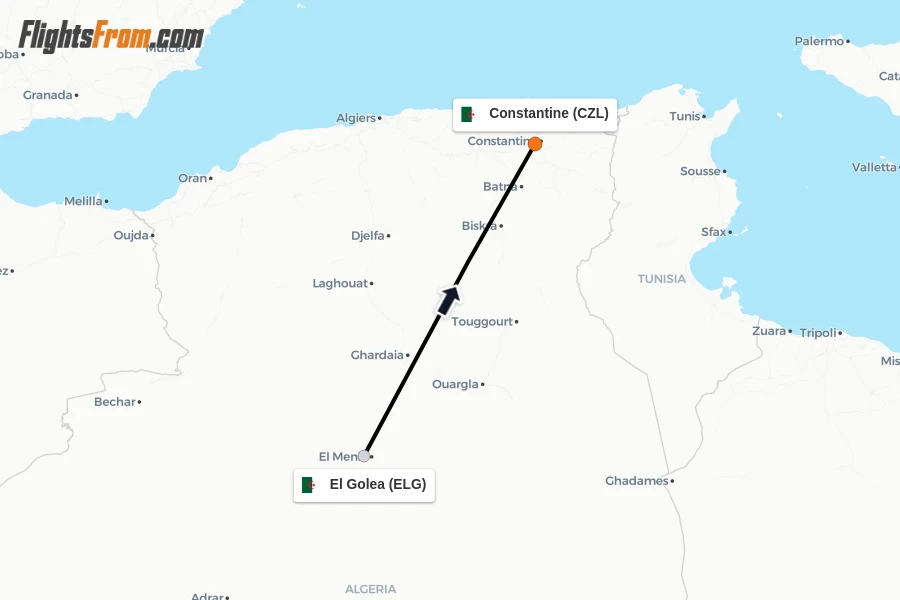 Flights from El Golea to Constantine route map