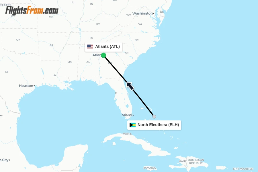 Flights from North Eleuthera to Atlanta route map