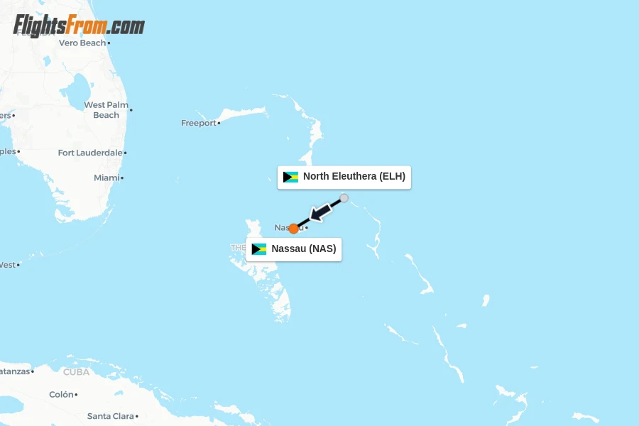 Flights from North Eleuthera to Nassau route map