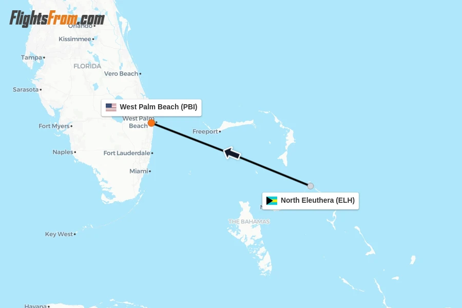 Flights from North Eleuthera to West Palm Beach route map