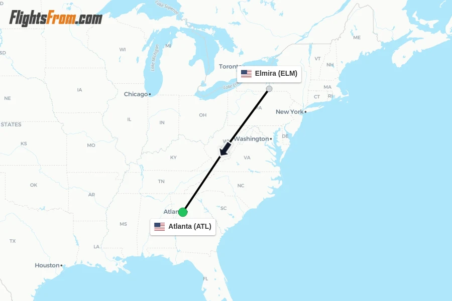 Flights from Elmira to Atlanta route map