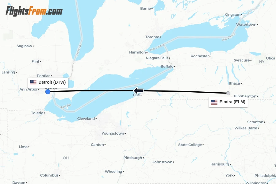 Flights from Elmira to Detroit route map