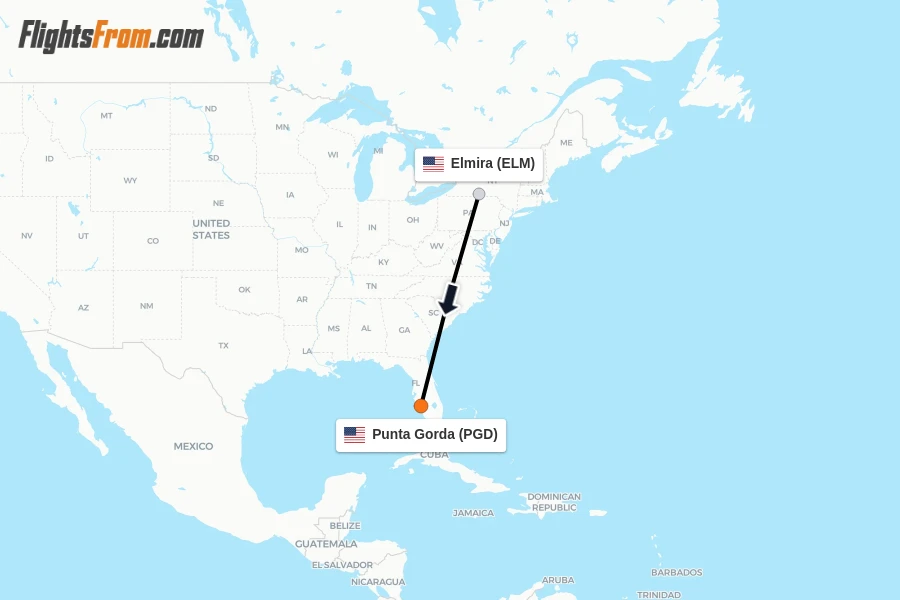 Flights from Elmira to Punta Gorda route map