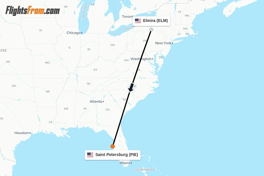 Flights from Elmira to Saint Petersburg route map