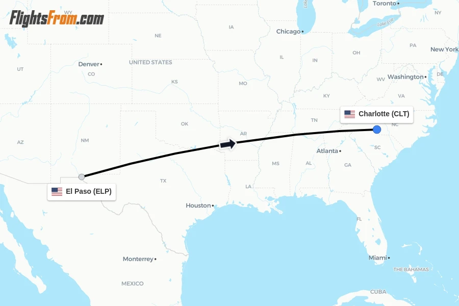 Flights from El Paso to Charlotte route map