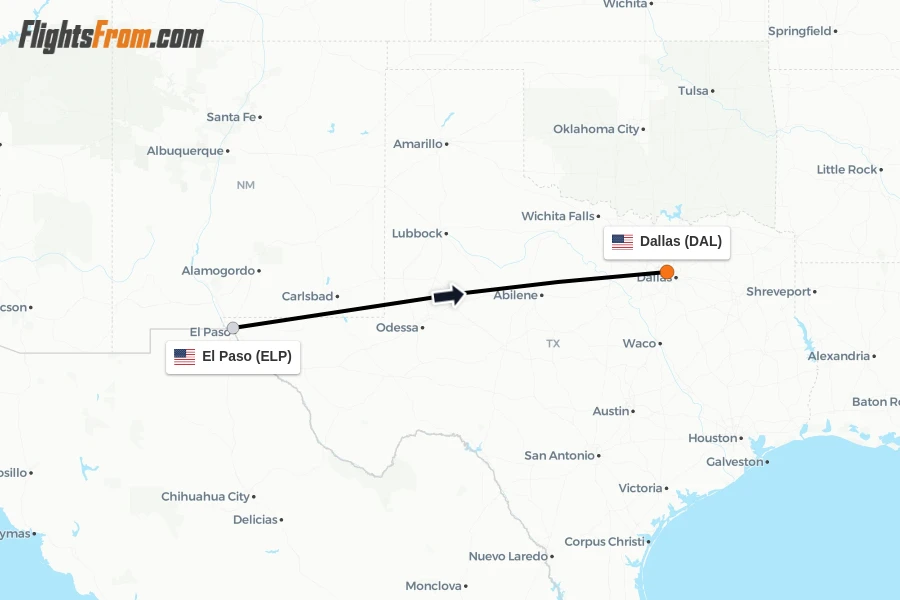 Flights from El Paso to Dallas route map
