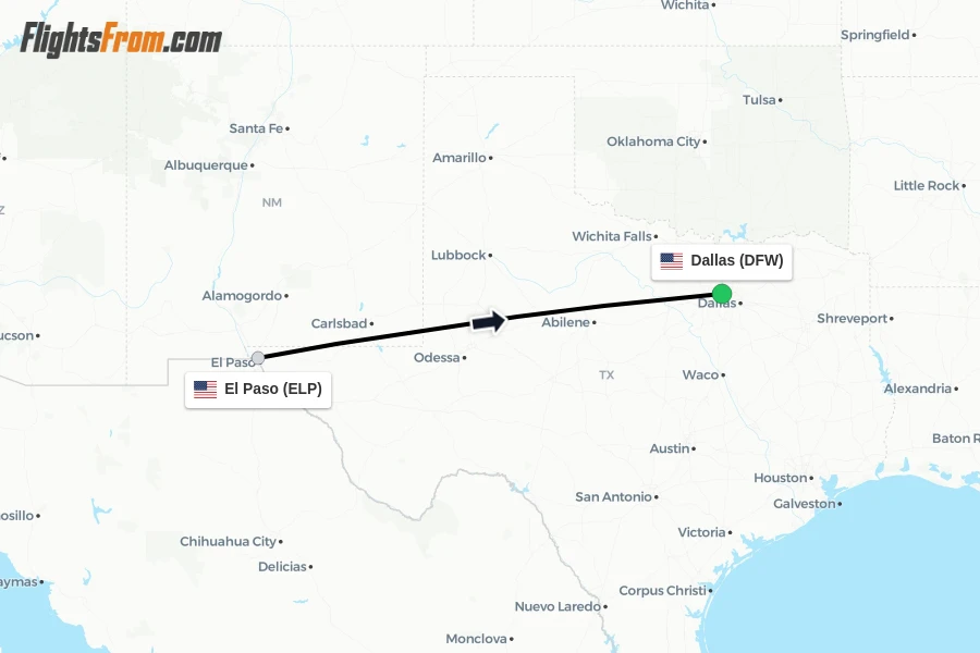 Flights from El Paso to Dallas route map