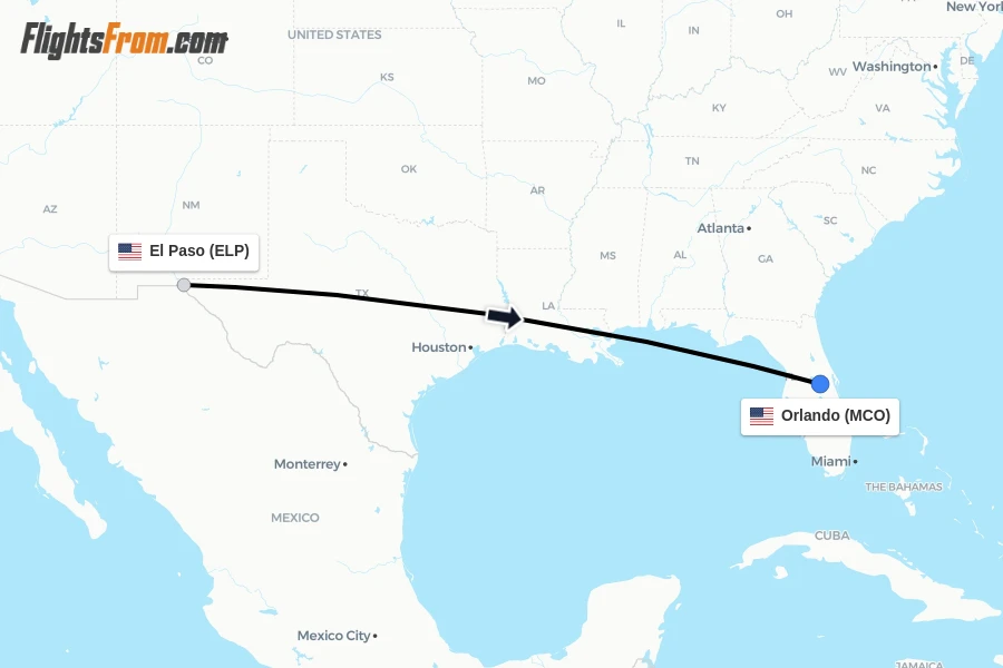 Flights from El Paso to Orlando route map