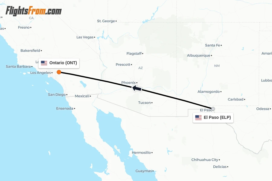 Flights from El Paso to Ontario route map
