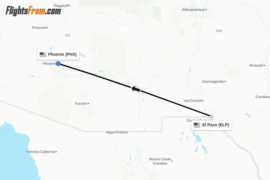 Flights from El Paso to Phoenix route map
