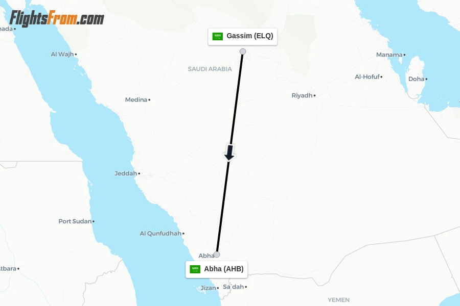 Flights from Gassim to Abha route map